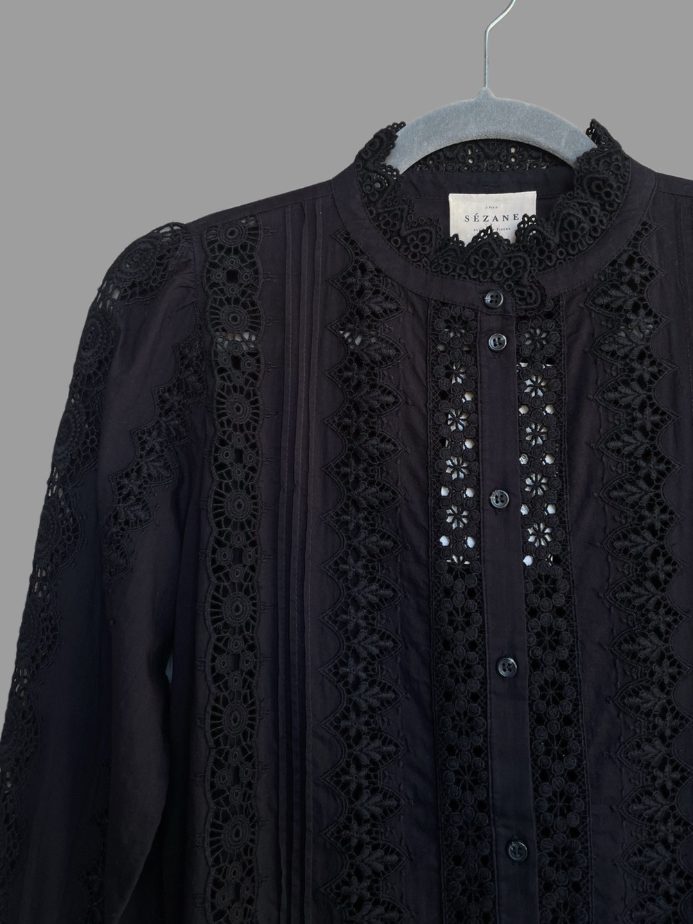 SEZANE NWT Black Floral Embroidered Crochet Lace Button Down Rym Shirt Blouse - Picture 13 of 16